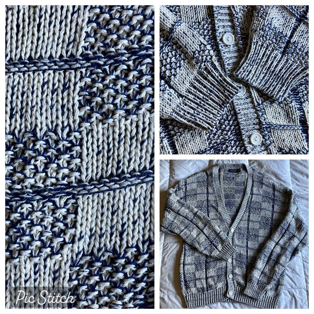 Vtg 90s A.J. Michael Knit Cardigan Sweater Cotton V-Neck USA Mens L Blue Beige